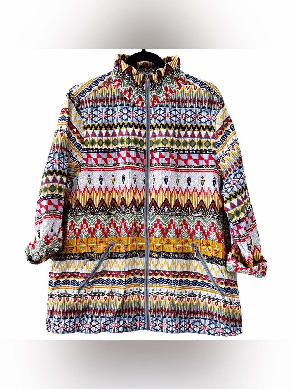 Multiples XL Southwestern Tribal Print Zip Front Jacket Roll Tab Sleeves Boho